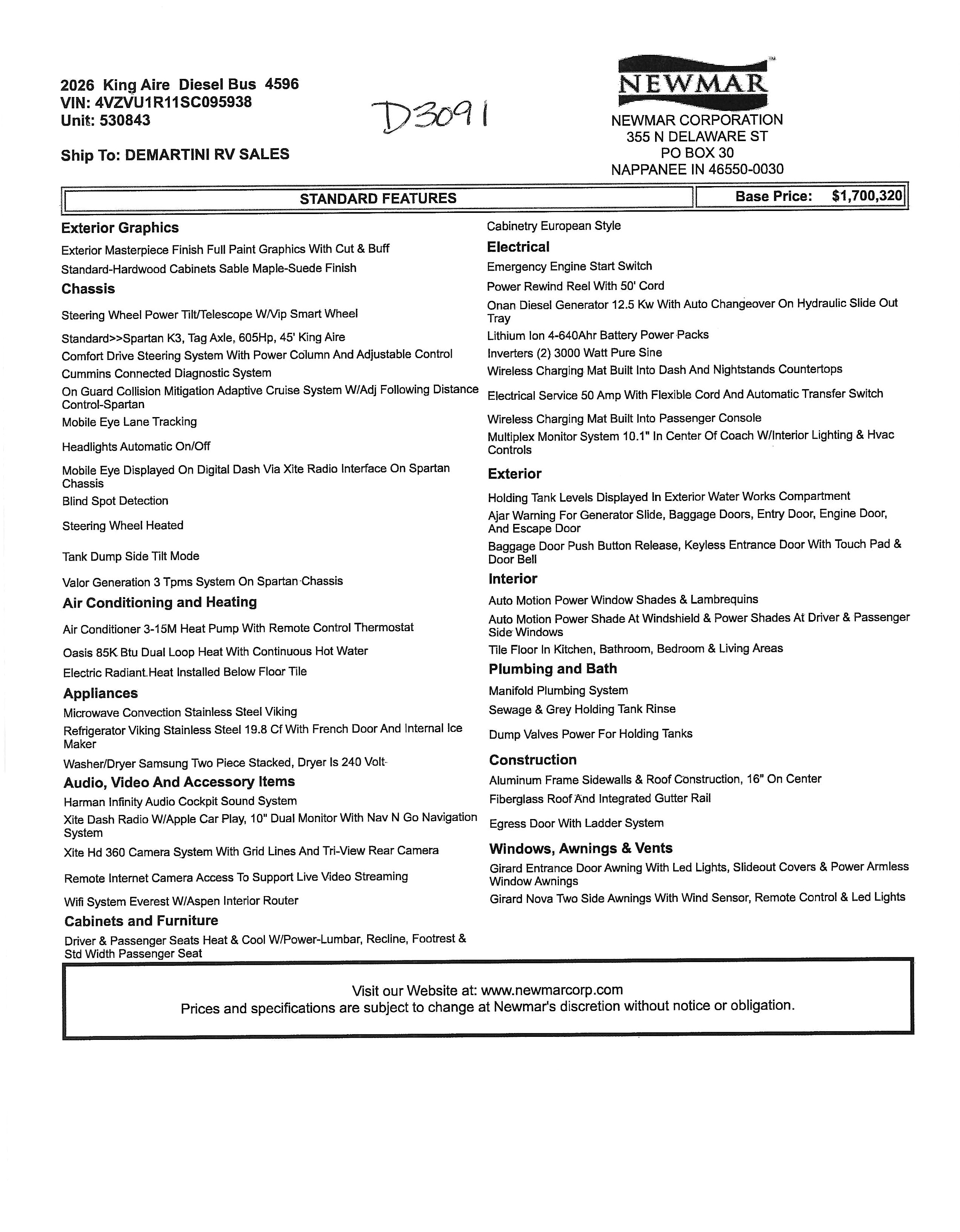 2026 Newmar King Aire 4596 MSRP Sheet