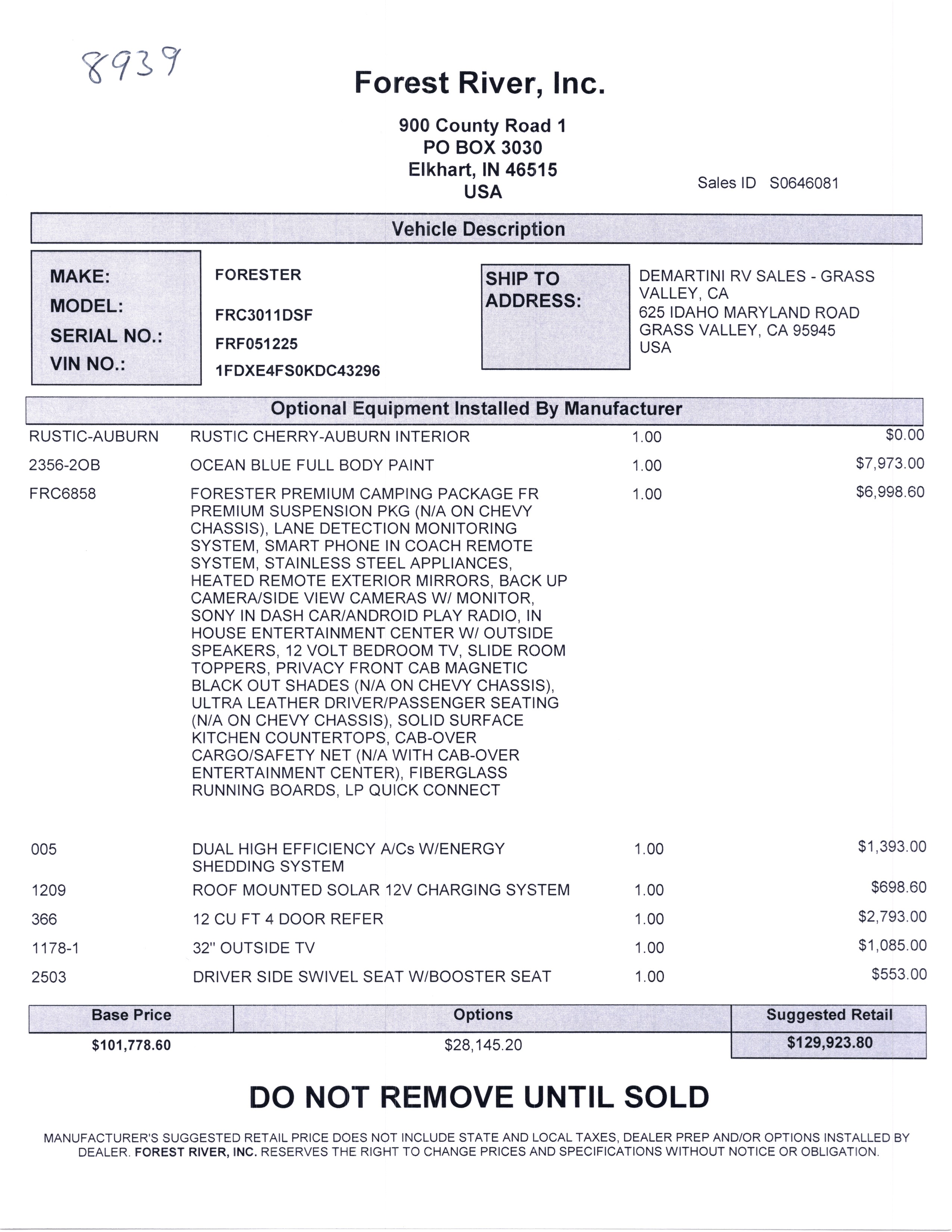 2020 Forest River Forester 3011DS MSRP Sheet