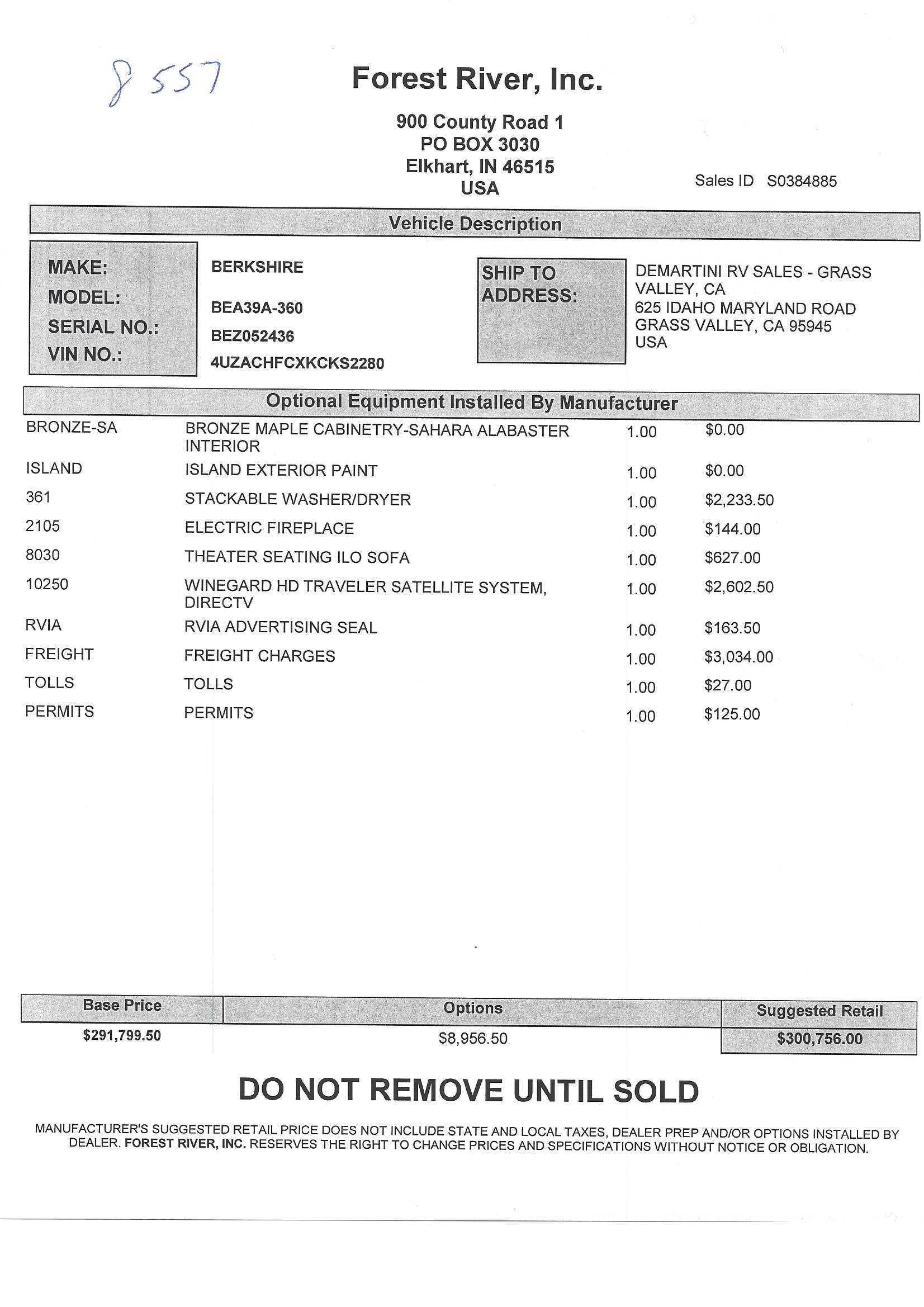 2019 Forest River Berkshire 39A MSRP Sheet