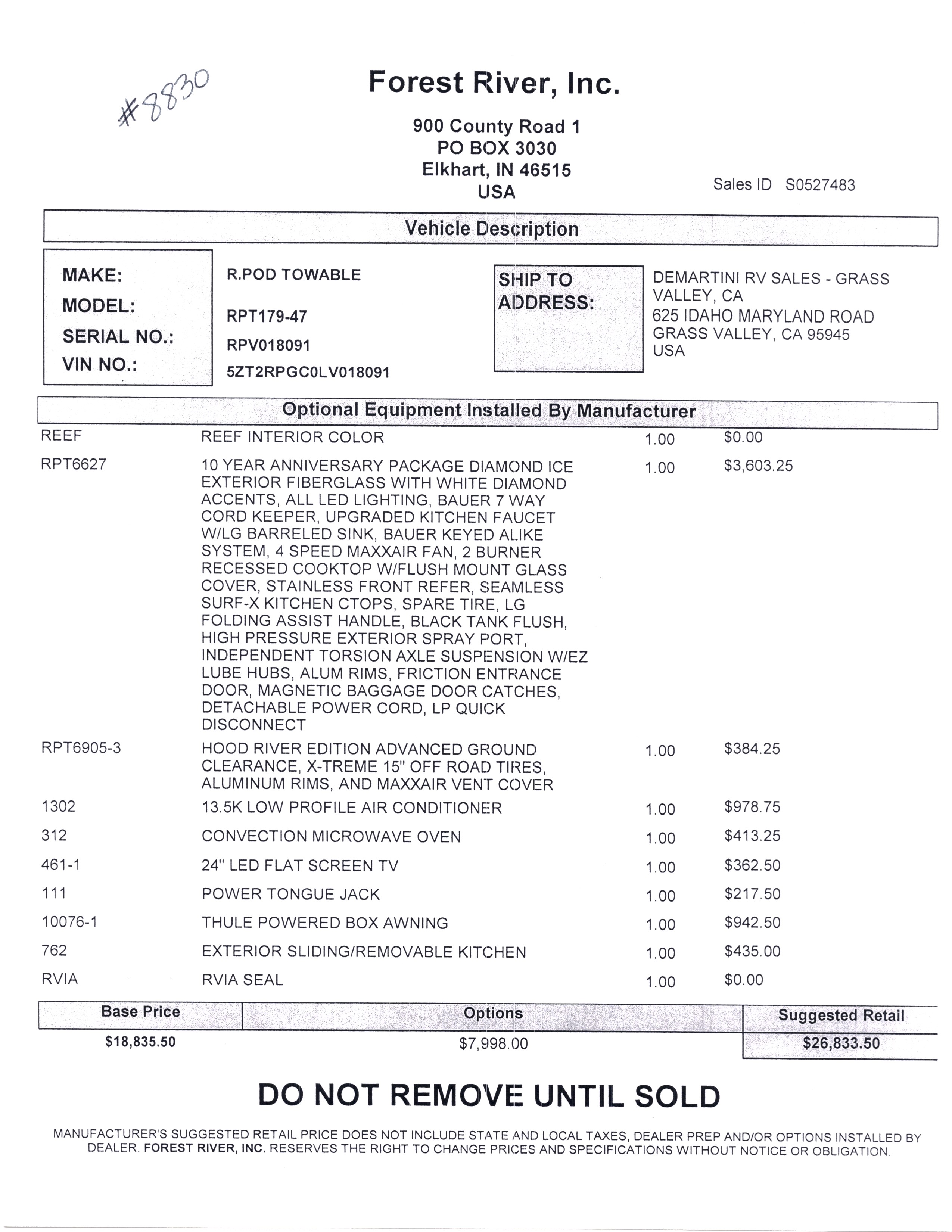 2020 Forest River R-Pod 179 MSRP Sheet