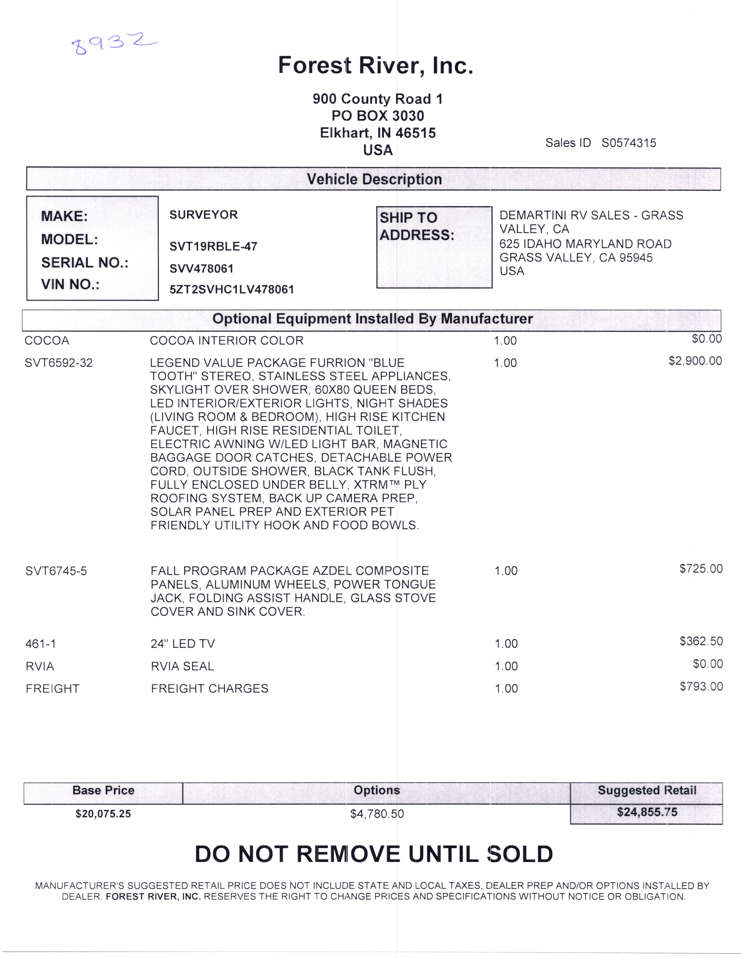 2020 Forest River Surveyor 19RBLE MSRP Sheet