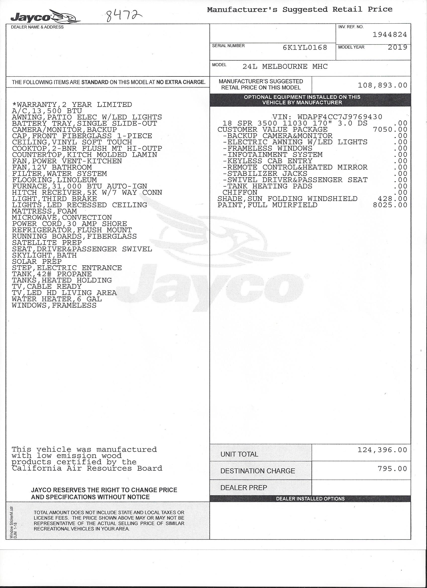 2019 Jayco Melbourne 24L MSRP Sheet