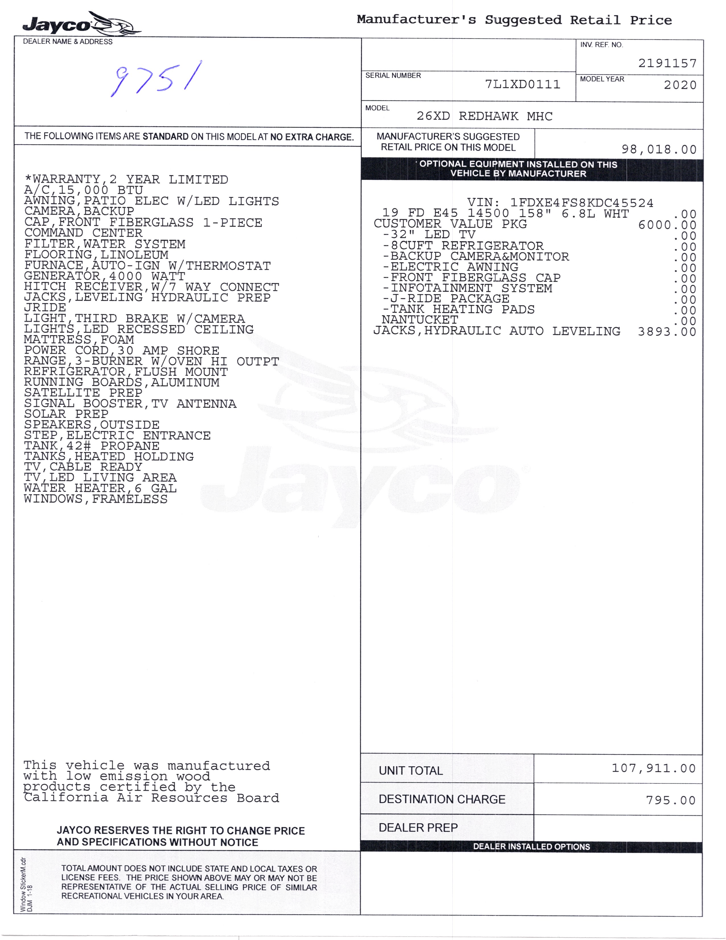 2020 Jayco Redhawk 26XD MSRP Sheet