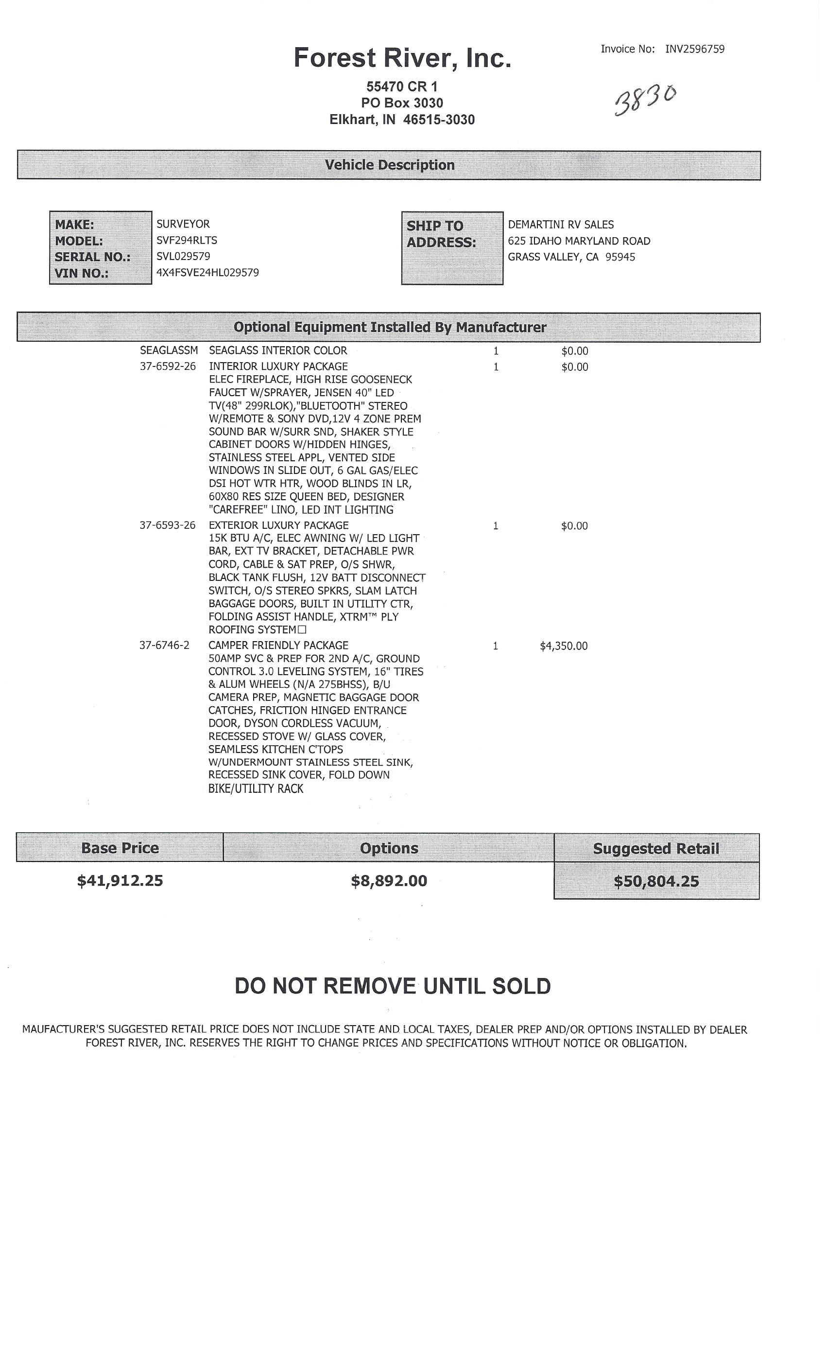 2017 Forest River Surveyor 294 MSRP Sheet