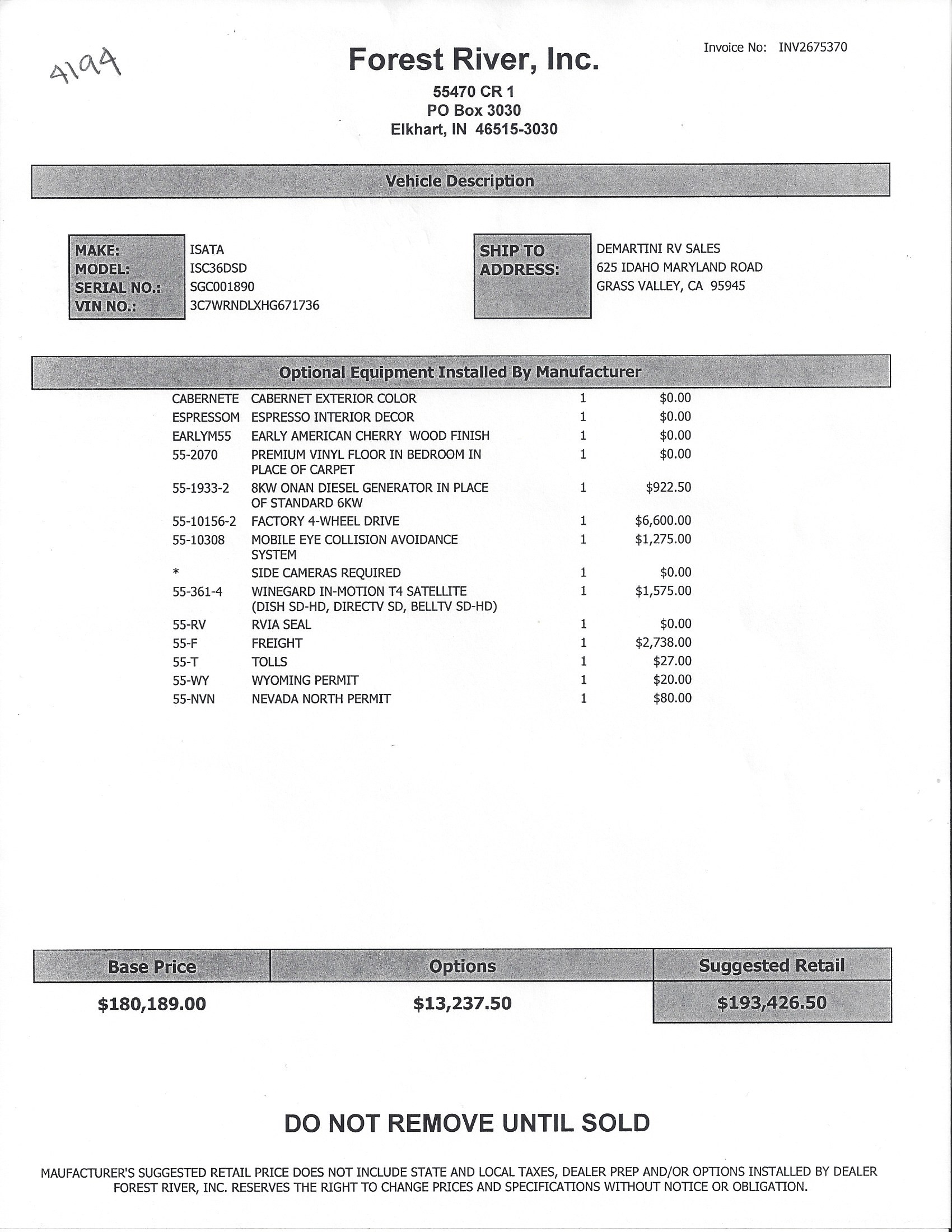 2018 Dynamax Isata 5 36DS MSRP Sheet